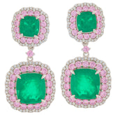 Cushion Green Emerald Sterling Silver Earrings with pink Sapphire accents, showcasing luxurious gemstone elegance.